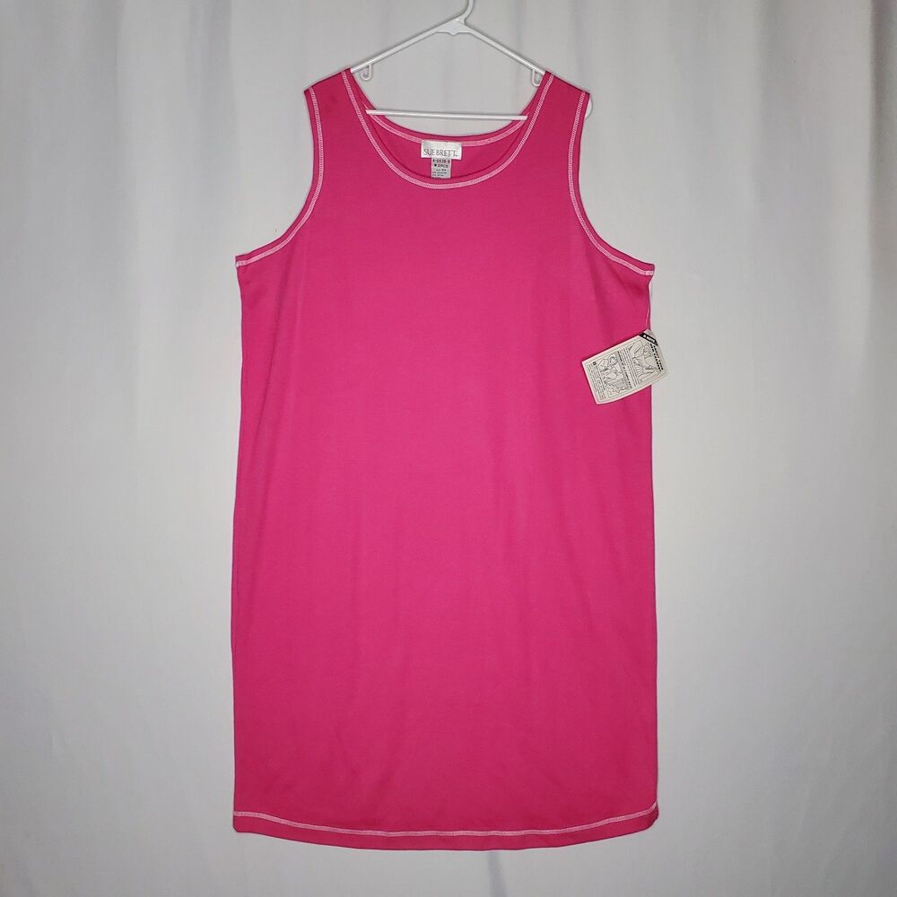 Sue Brett Sleeveless Shift Dress 4X Pink Jersey Contrast Topstitch‎ Midi Vtg 80s